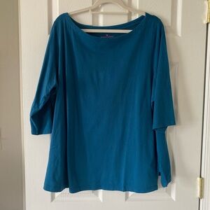 TURQUOISE BLUE WOMAN WITHIN PLUS SIZE SHORT SLEEVE TOP SHIRT W/ SMALL SIDE SLITS